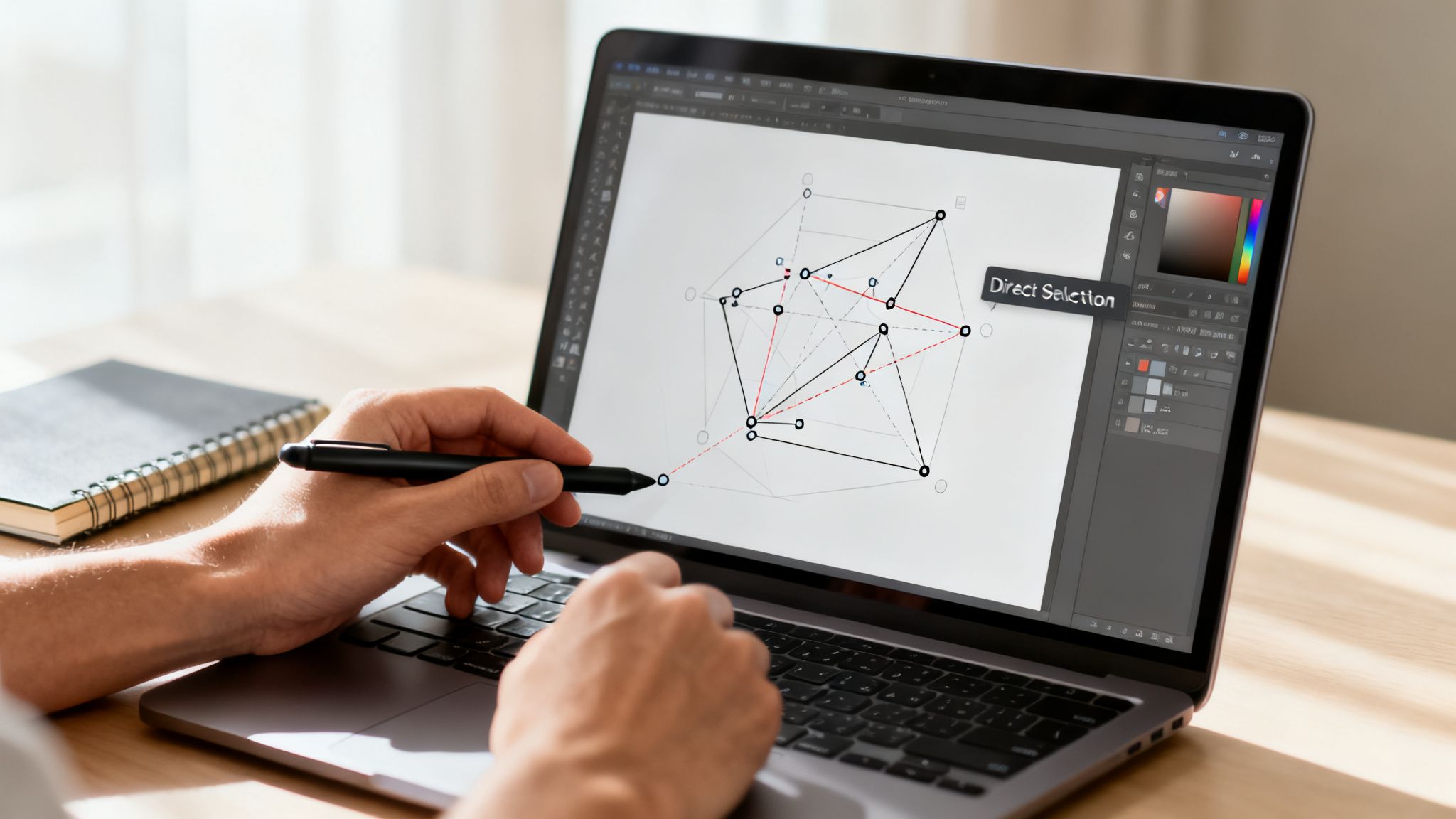 Hands using a stylus to interact with a geometric design on a laptop running design software.
