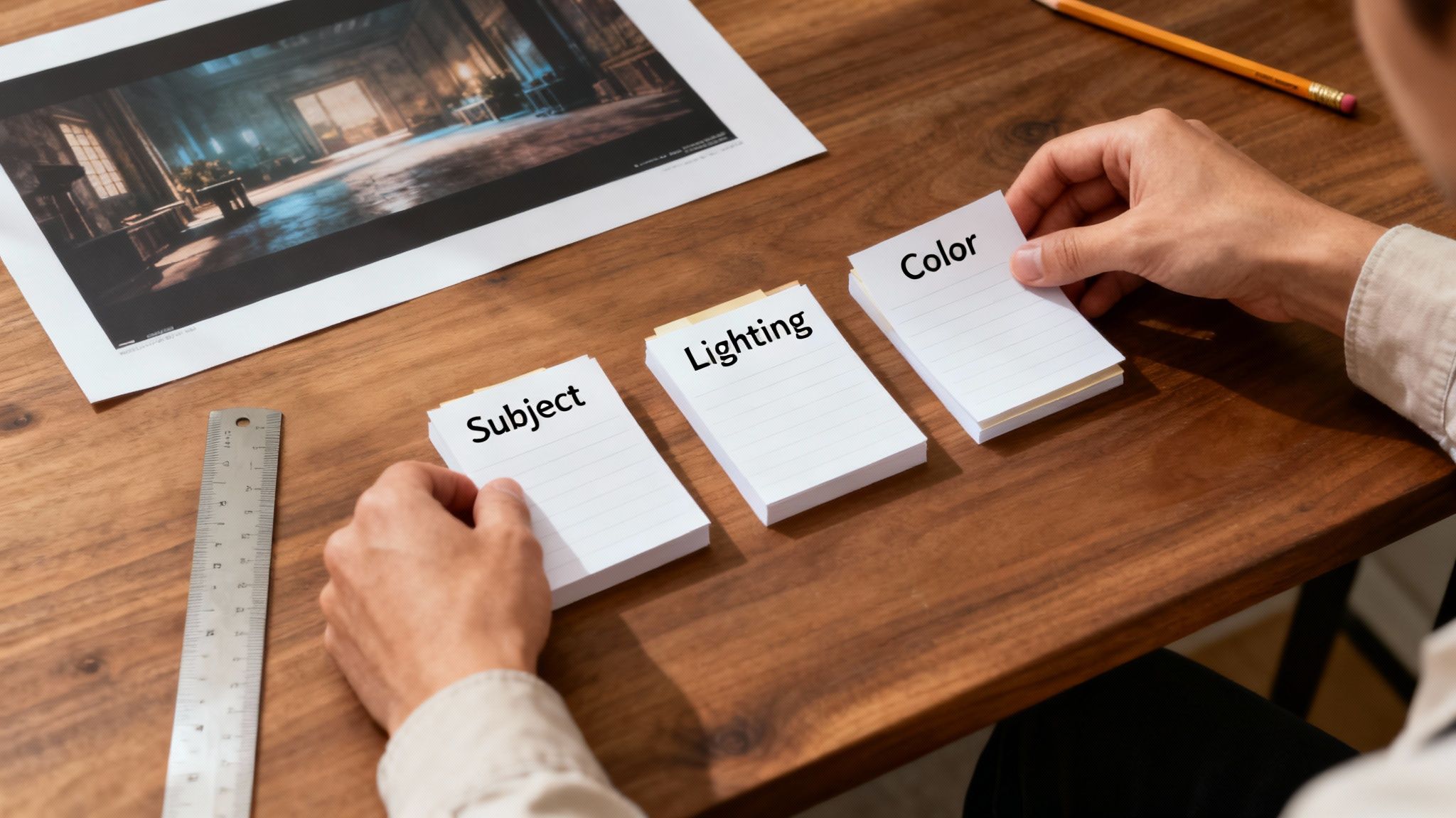 A person analyzes an image on a desk, using notecards labeled 'Subject', 'Lighting', and 'Color'.