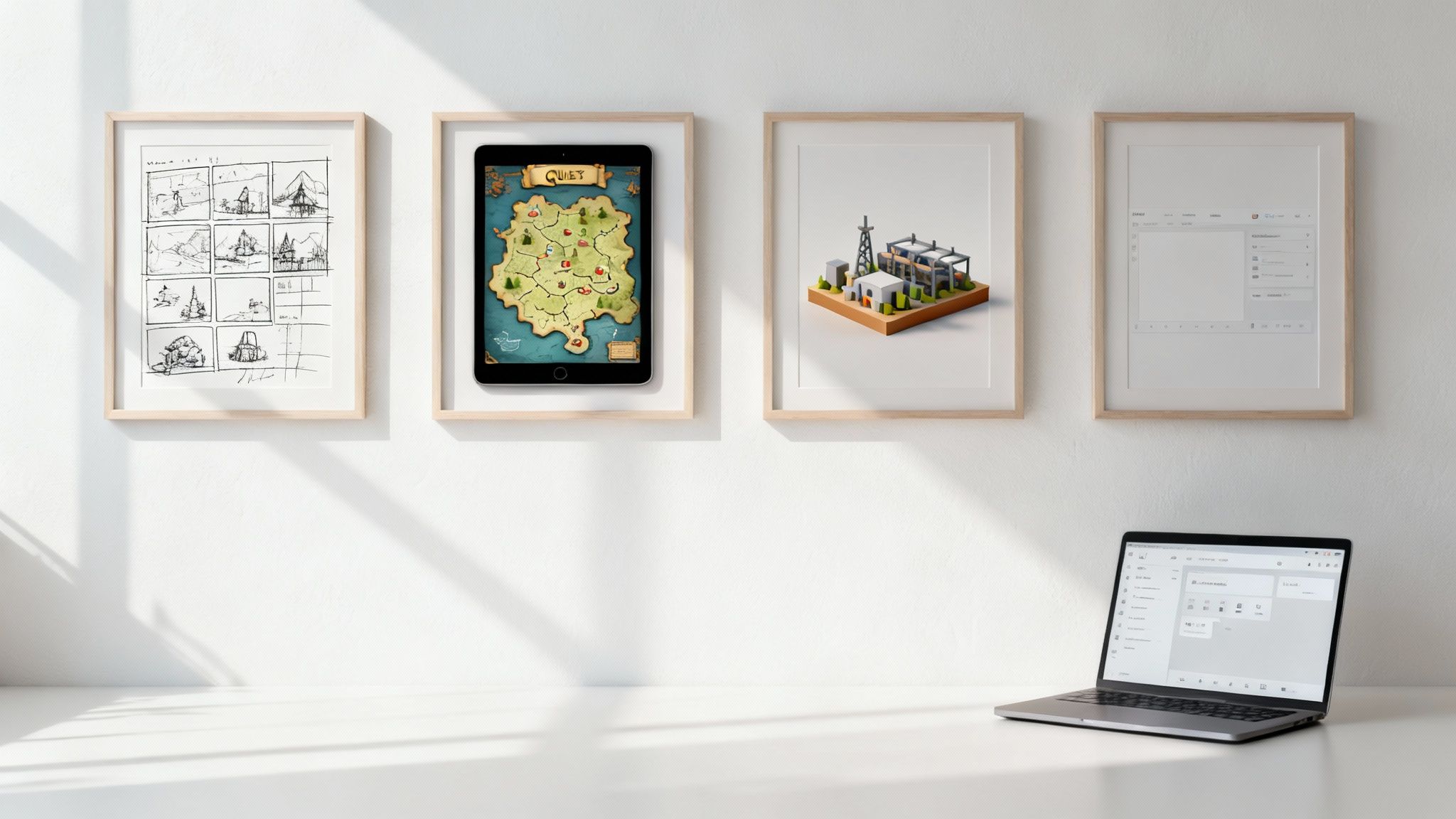 A clean white workspace with framed art, a tablet, and a laptop displaying digital content.