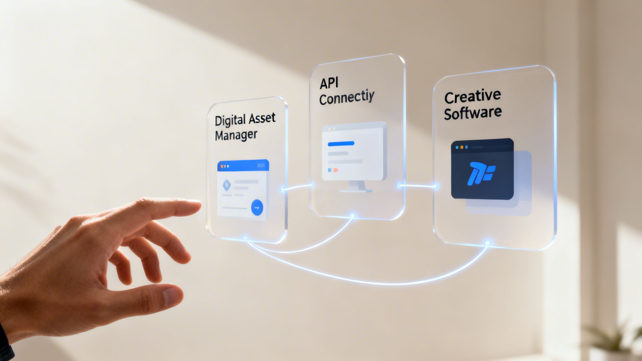 A hand interacts with three interconnected translucent cards representing digital asset manager, API connectivity, and creative software.
