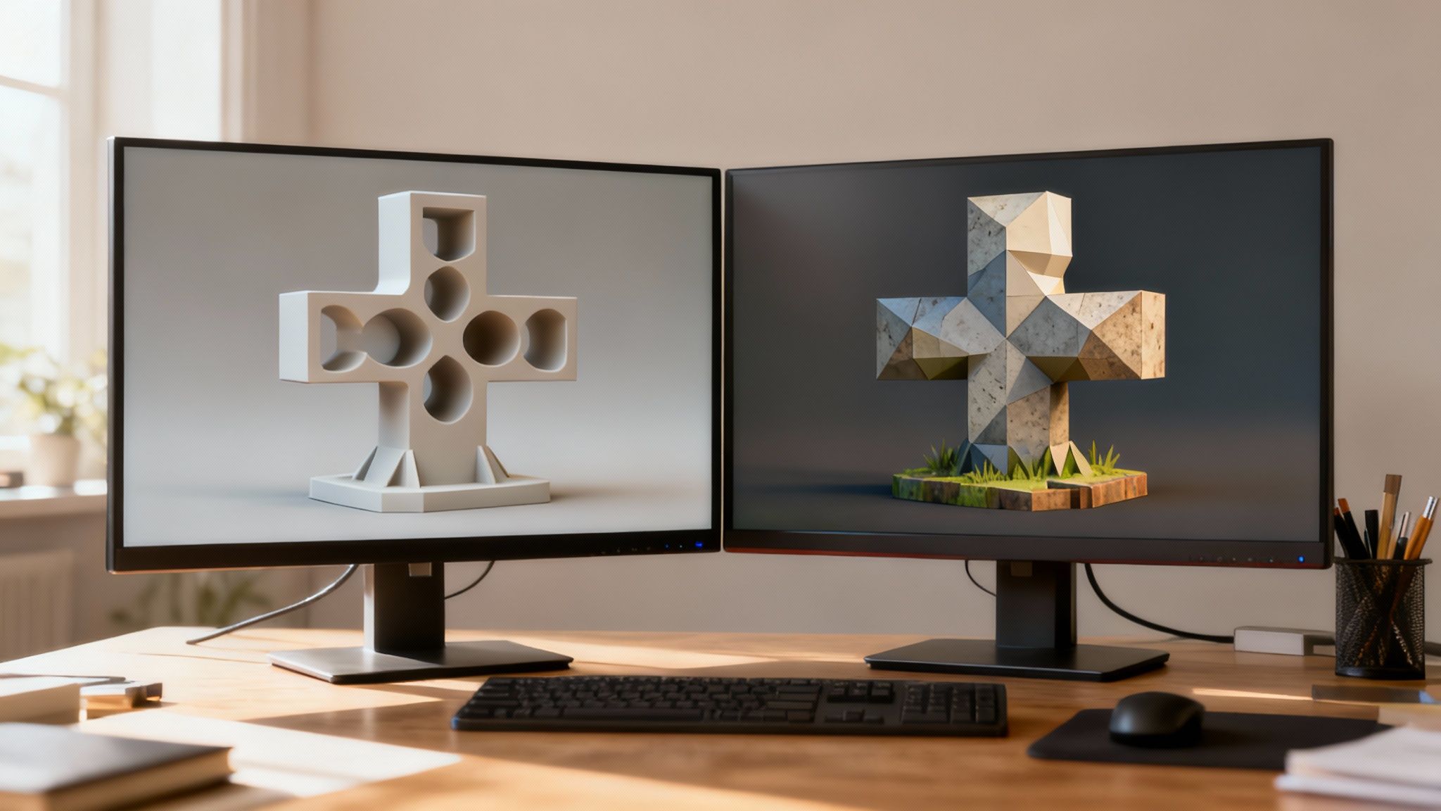 Two computer monitors on a wooden desk displaying contrasting 3D cross-like figures.