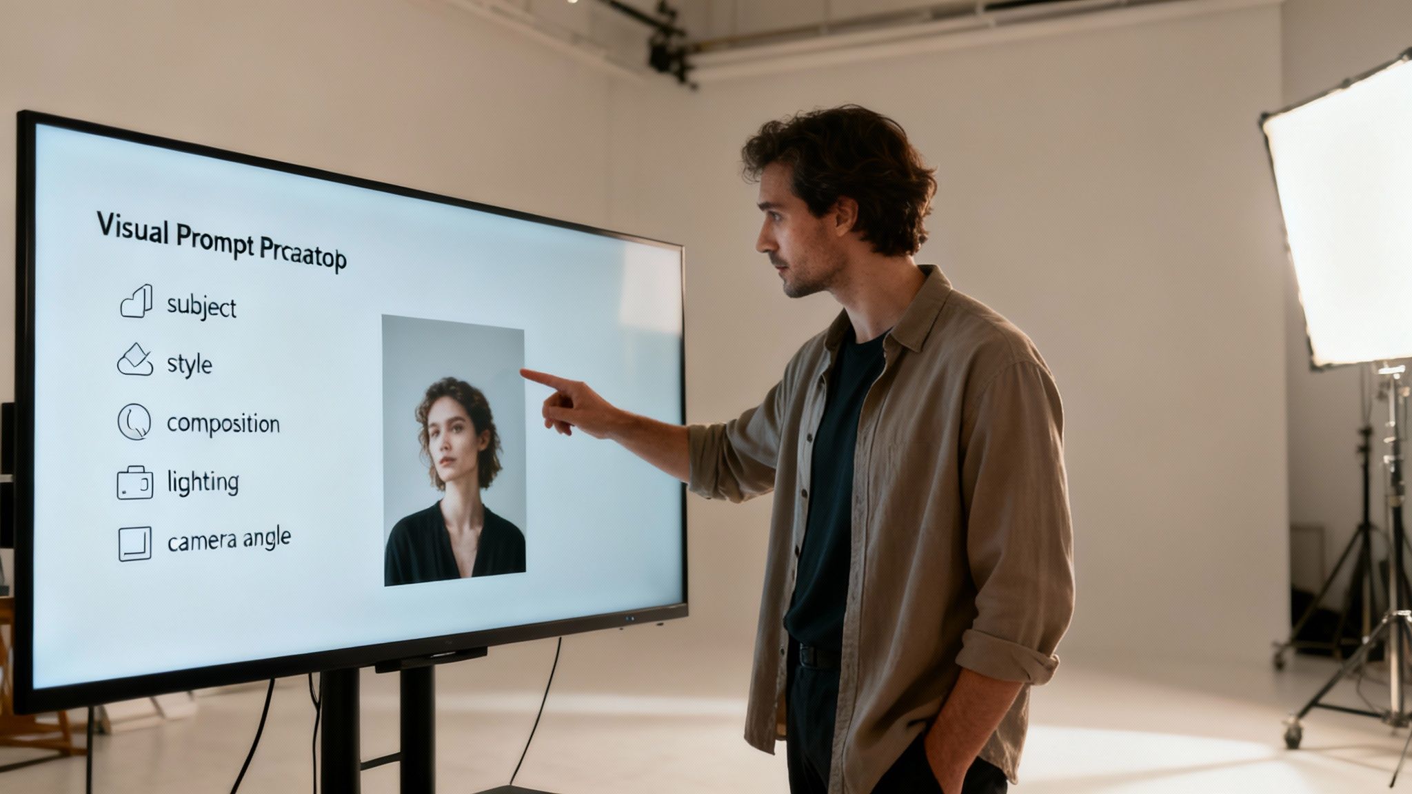 Man points at a screen displaying 'Visual Prompt' categories and a portrait image in a studio.