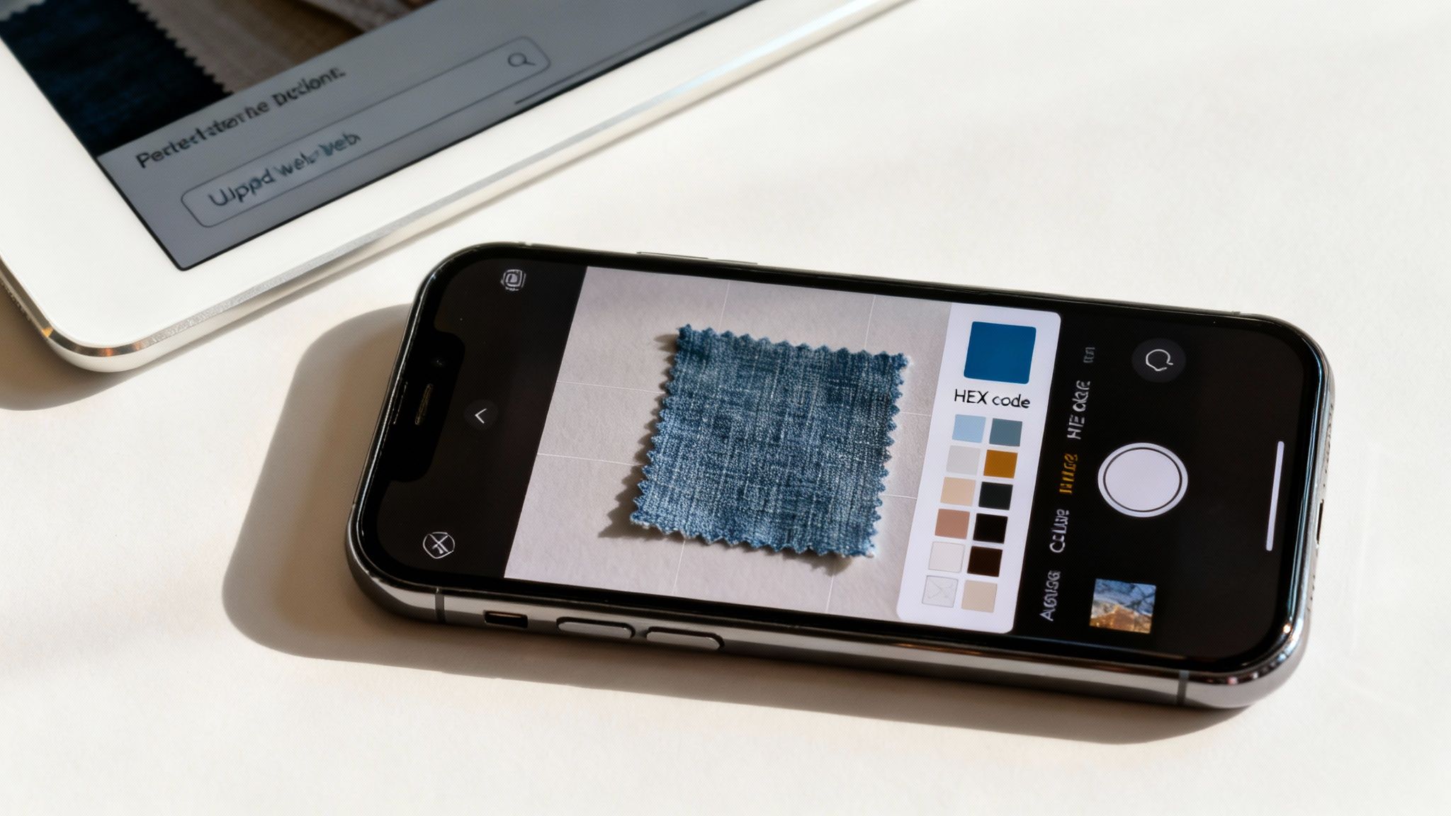 A smartphone showing a fabric swatch and color analysis with a HEX code on its screen, next to a tablet.