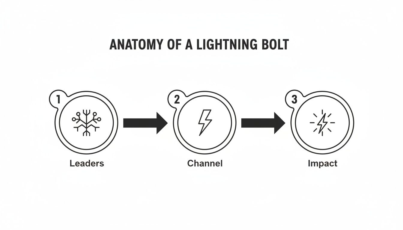 A diagram illustrates 'Anatomy of a Lightning Bolt' in three steps: Leaders, Channel, and Impact.