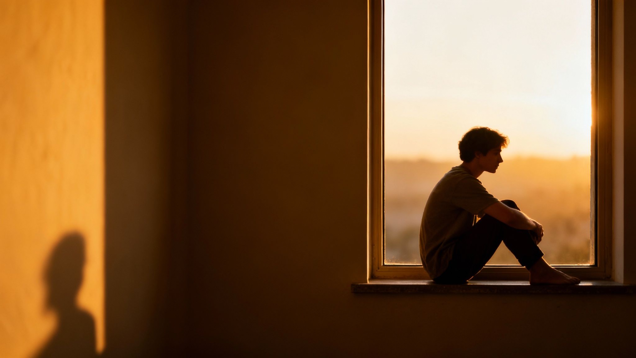 A young man sits silhouetted on a windowsill, contemplating the golden sunset and a shadow on the wall.