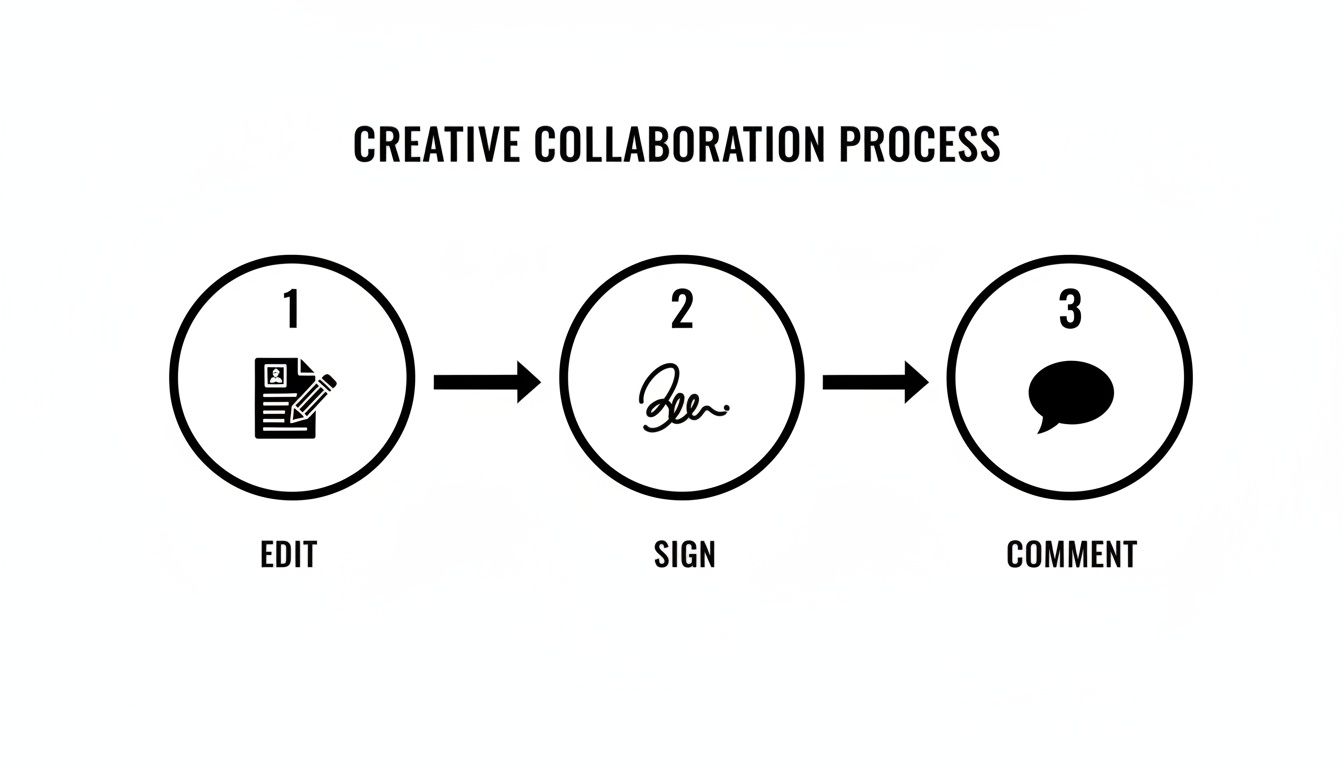 A diagram illustrating a creative collaboration process with three steps: Edit, Sign, and Comment.