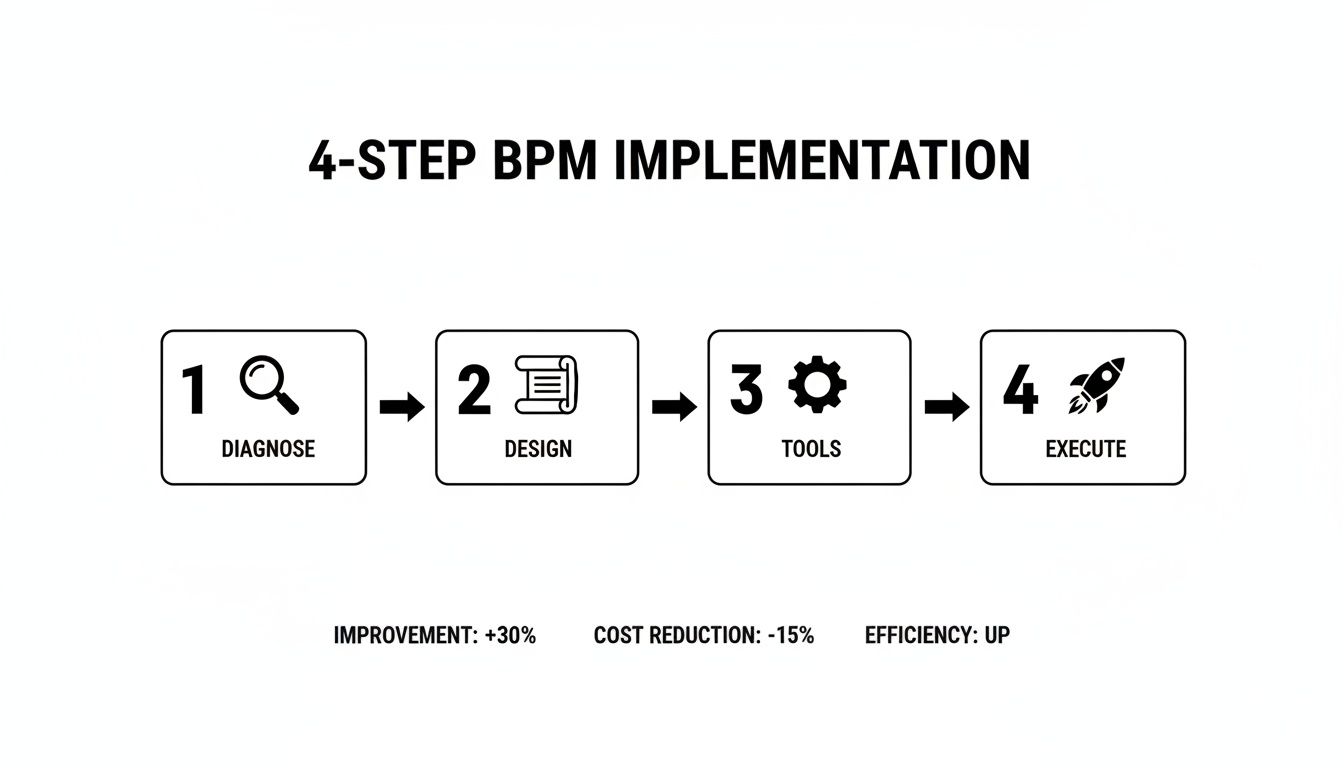 A 4-step BPM implementation process flowchart detailing diagnose, design, tools, and execute phases with performance metrics.