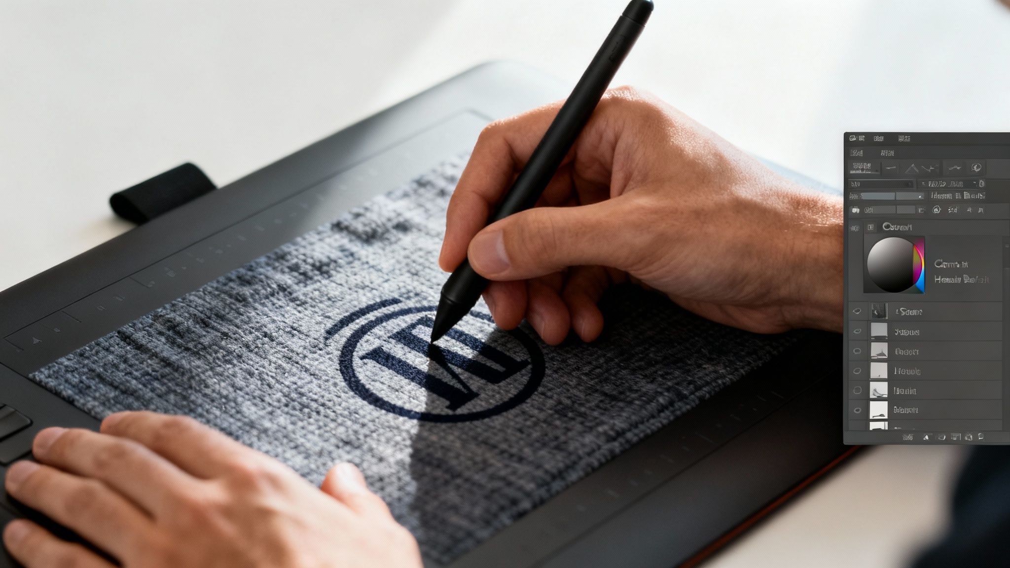 Designer's hands using a digital pen on a tablet displaying a WordPress logo and a software panel.
