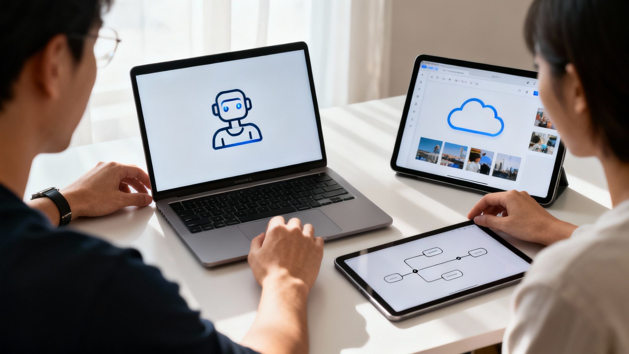 Two people collaborating on a laptop and multiple tablets displaying AI, cloud, and diagrams.