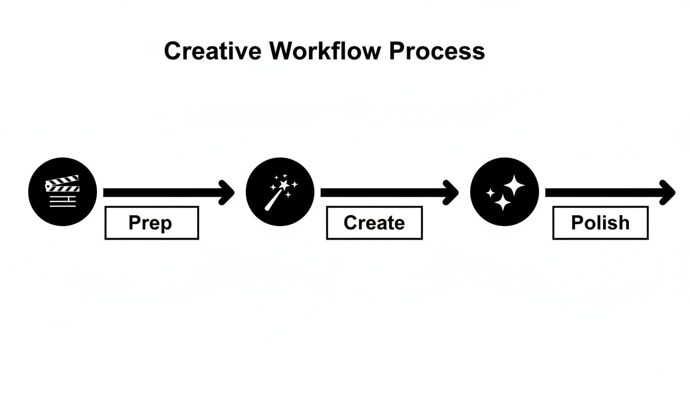 A black and white diagram showing a creative workflow process with three steps: Prep, Create, and Polish.