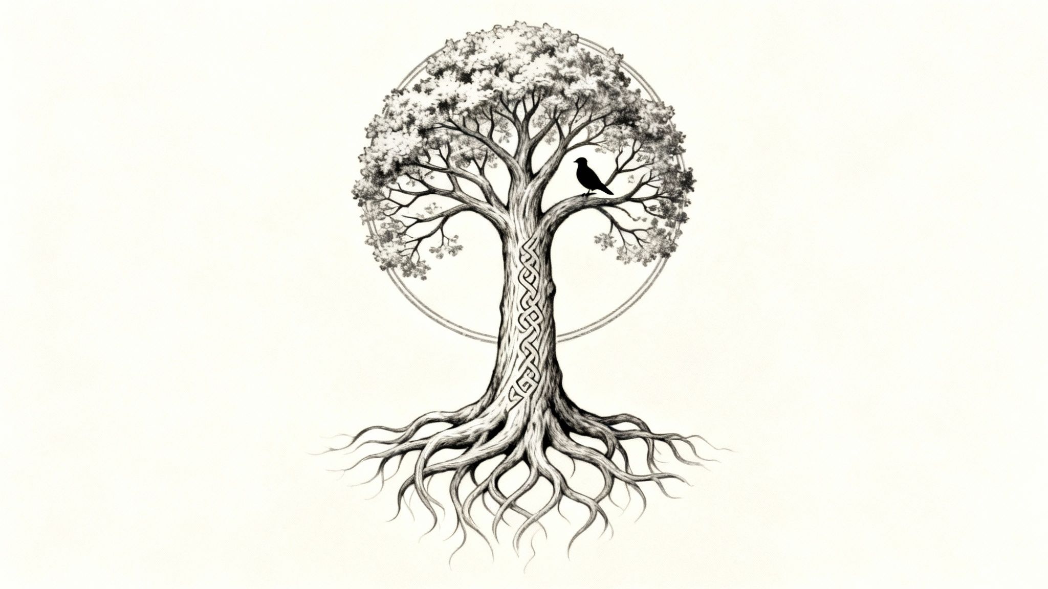 Black and white Tree of Life with Celtic knot, deep roots, and a bird within a circle.