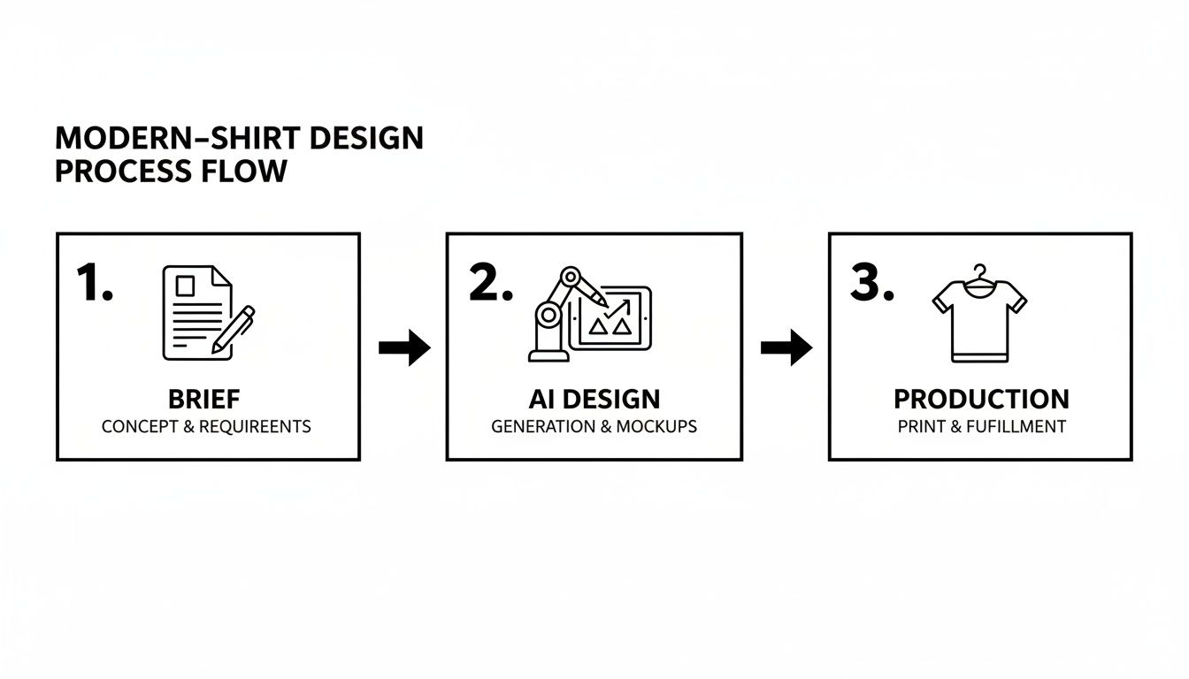 Modern T-shirt design process flow with AI, from brief and concept to production.