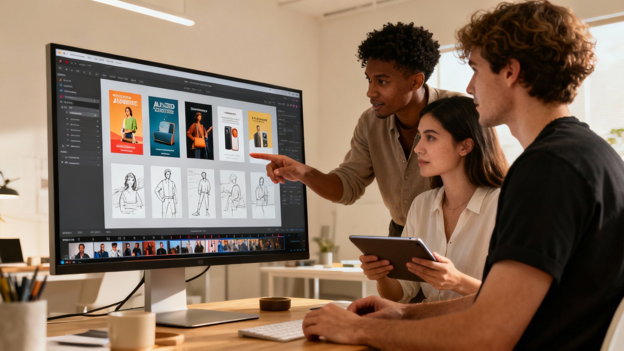Young diverse designers collaborating on digital artwork displayed on a computer screen in an office.