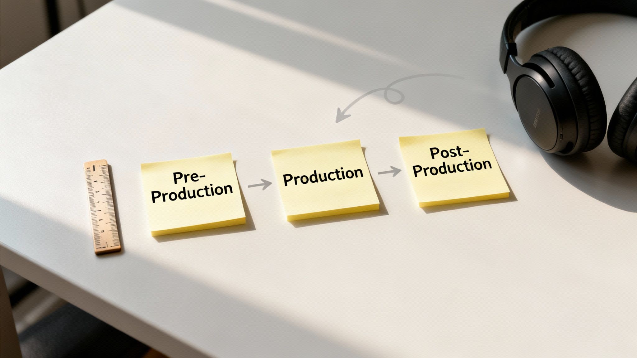 Three sticky notes on a desk illustrating production workflow: pre-production, production, and post-production.