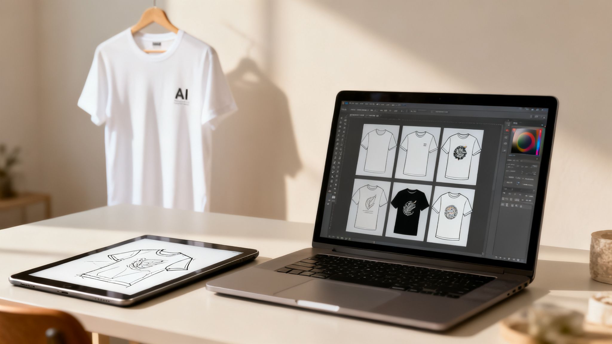 A creative workspace with a laptop displaying t-shirt designs, a tablet with a sketch, and a white t-shirt hanging.