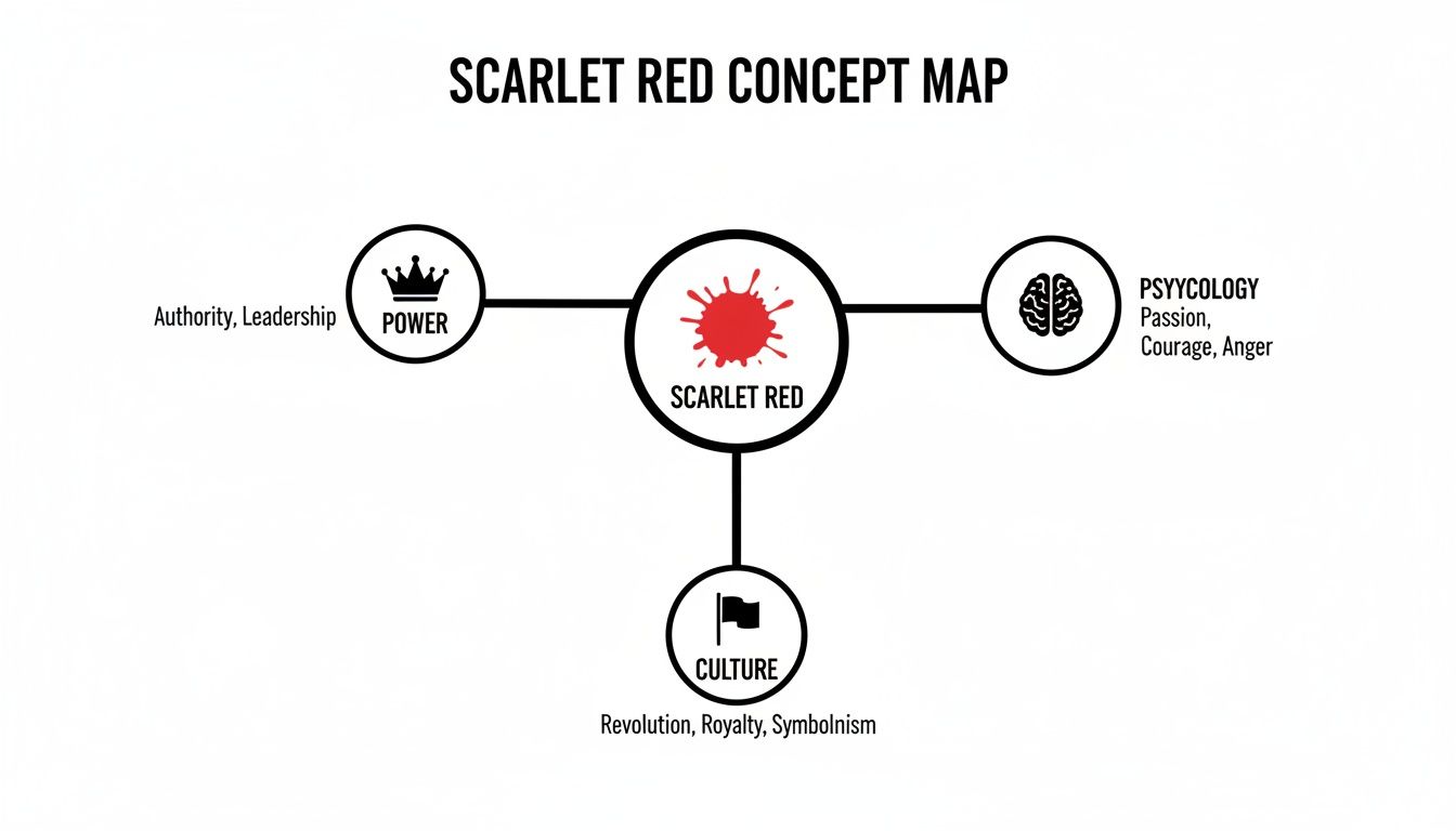 A concept map illustrating the various associations of scarlet red, including power, psychology, and culture.