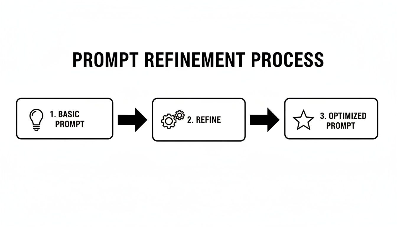 A flowchart illustrating the prompt refinement process, moving from a basic prompt to an optimized prompt.