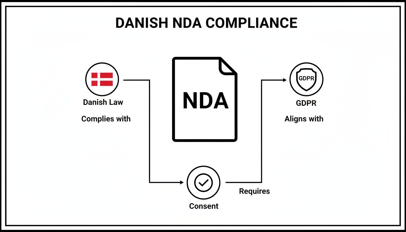 Diagram illustrating Danish NDA compliance, connecting Danish Law, NDA, GDPR, and the requirement for consent.