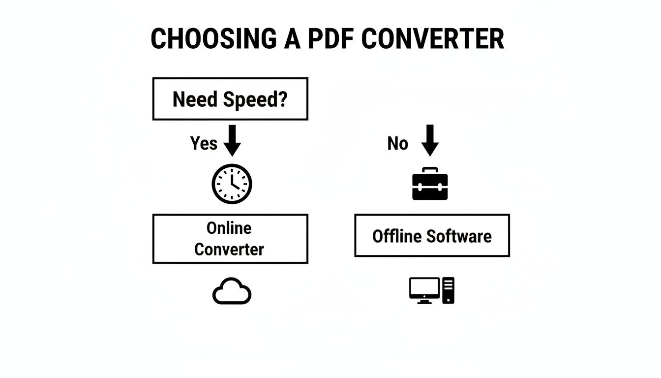 Flowchart guiding the choice between online and offline PDF converters based on speed.
