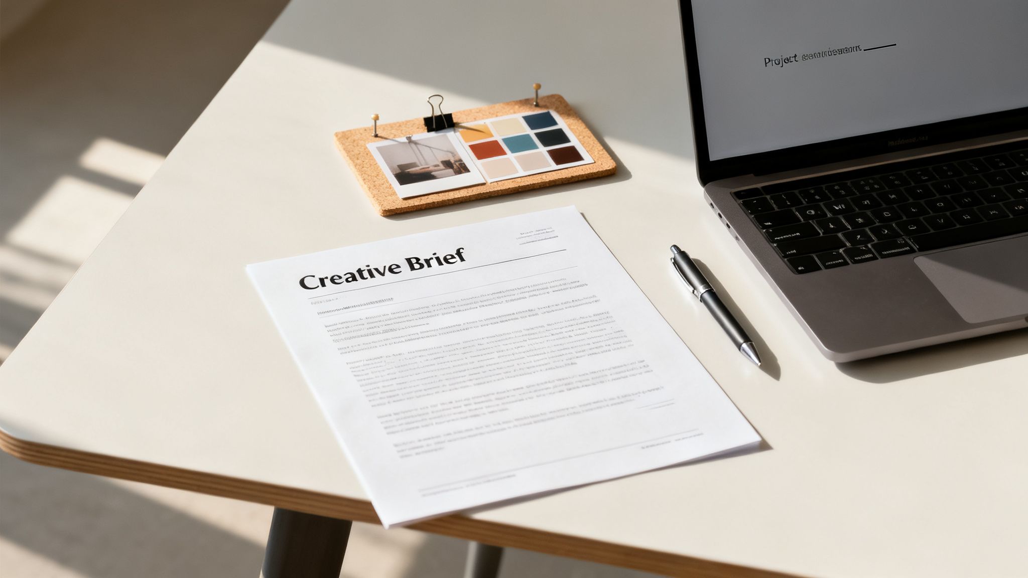 A creative workspace with a 'Creative Brief' document, laptop, pen, and color palette board.