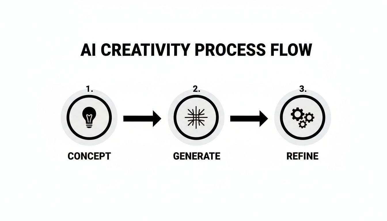 A flowchart illustrating the AI creativity process: Concept (lightbulb), Generate (grid), and Refine (gears).