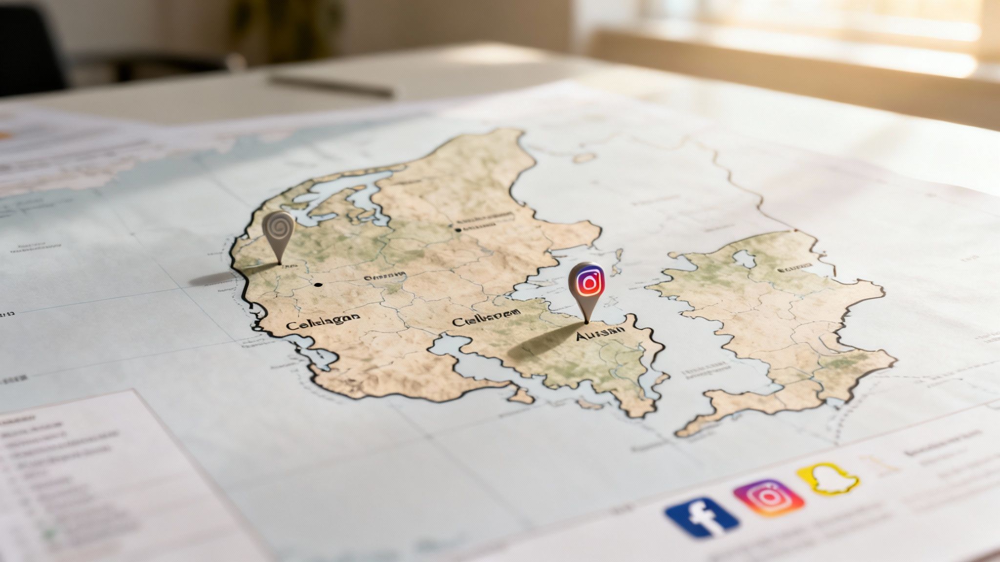 A detailed map with an Instagram logo pin and a generic location pin, alongside social media logos.