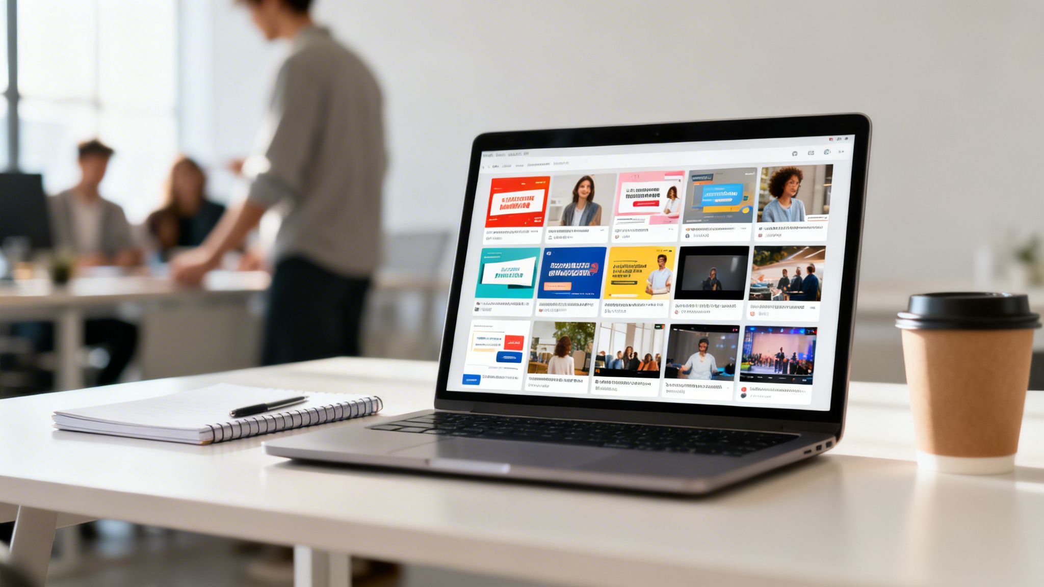 Laptop on white desk displays marketing templates, with a coffee cup and notebook in a bright office.