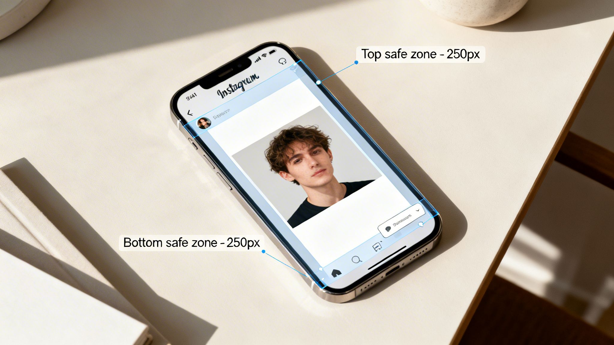 An iPhone displaying the Instagram app with highlighted blue overlays for 250px top and bottom safe zones.