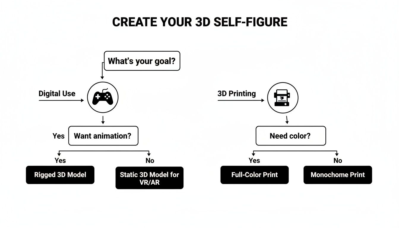 A flowchart detailing options for creating a 3D self-figure, including digital use and 3D printing.