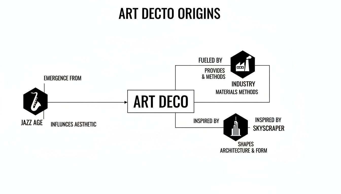 Flowchart illustrating Art Deco origins, showing influence from Jazz Age, industry materials, and skyscraper architecture.