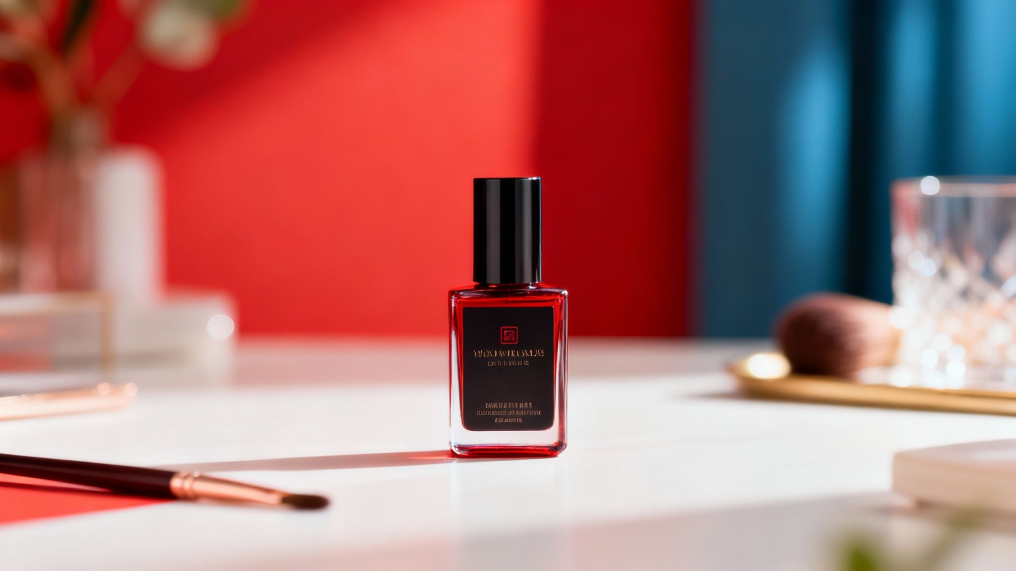 Close-up of Yiyao Wentuolue red nail polish bottle on a white table with blurred beauty items.