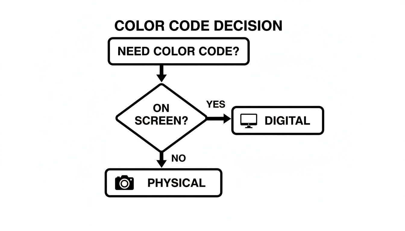 A flowchart titled 'Color Code Decision' illustrating whether a color code is needed for digital or physical use based on screen display.