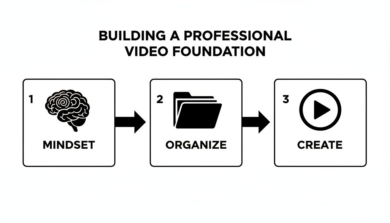 Flowchart showing three steps for building a professional video foundation: Mindset, Organize, Create.