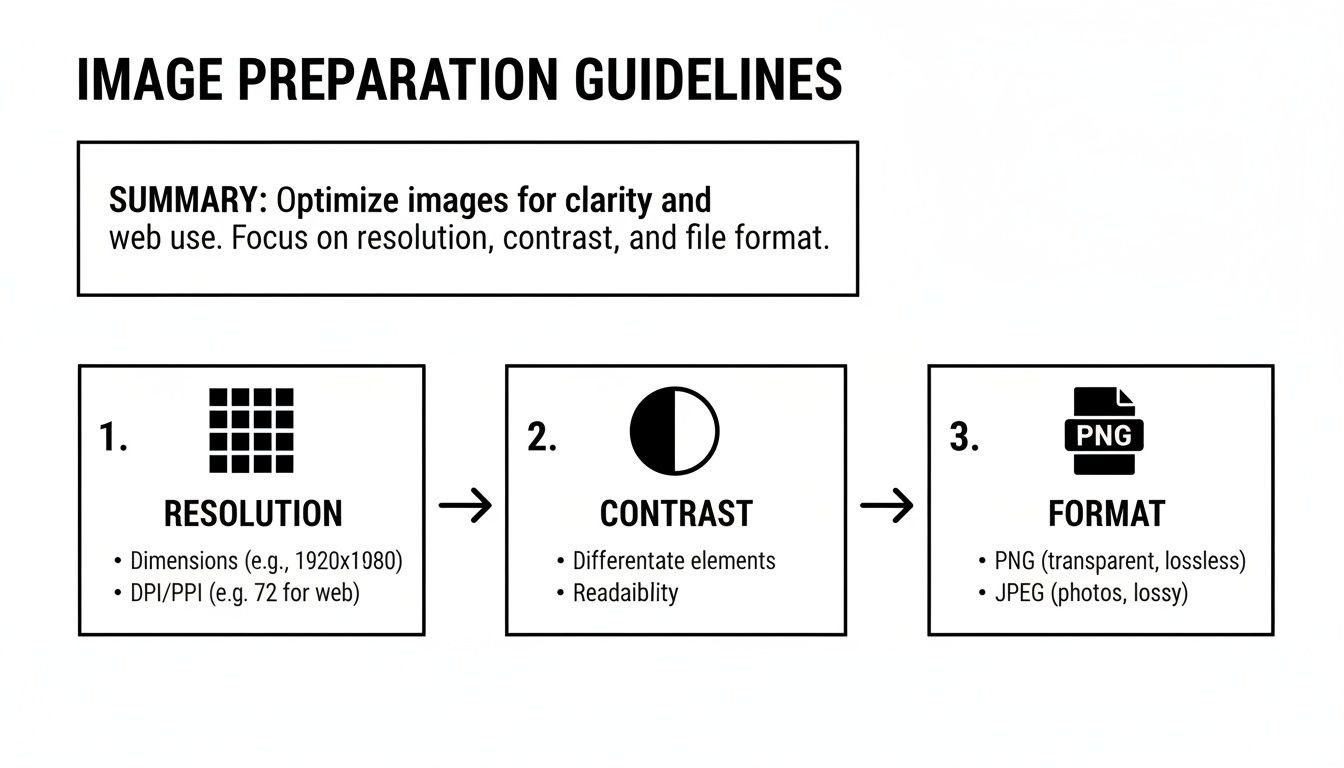 Infographic detailing image preparation guidelines: resolution, contrast, and format for web use.