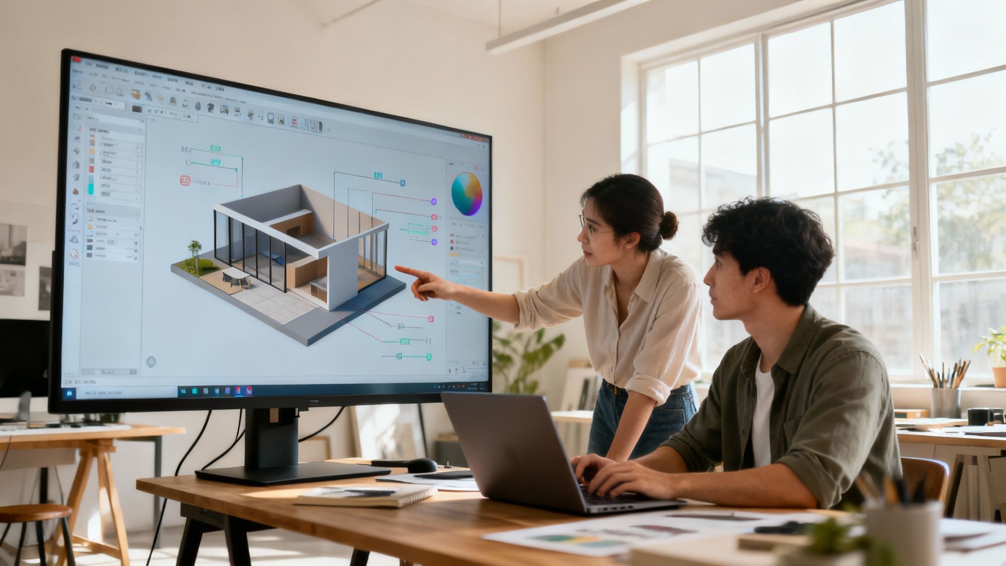 Designers discussing a modern house 3D model on a large monitor in an office.