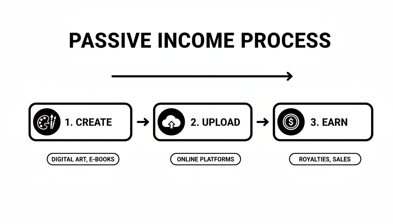Flowchart illustrating the three-step passive income process: create digital products, upload, and earn royalties.