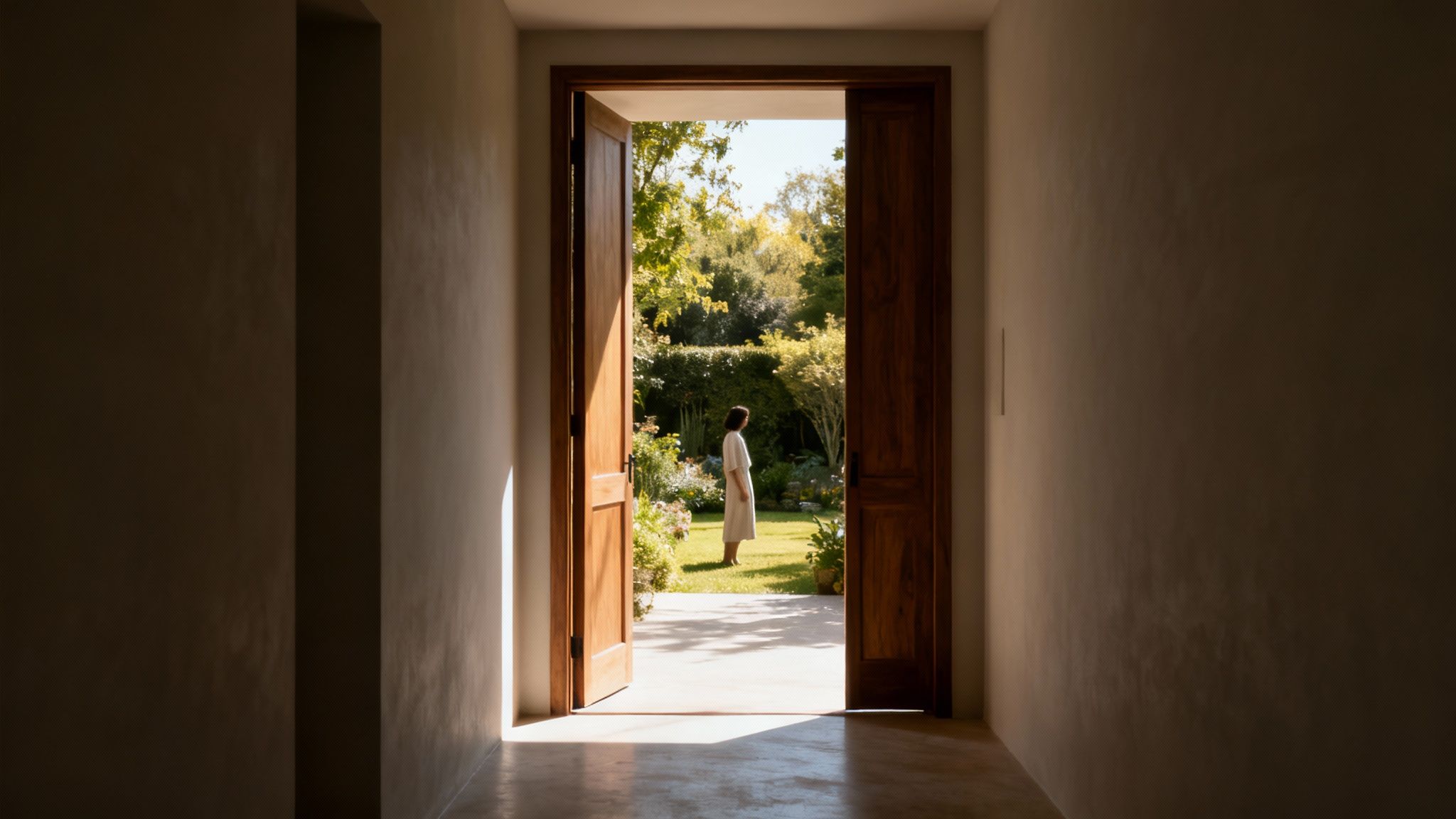 A woman in a white dress stands in a sunny garden viewed through an open wooden doorway.