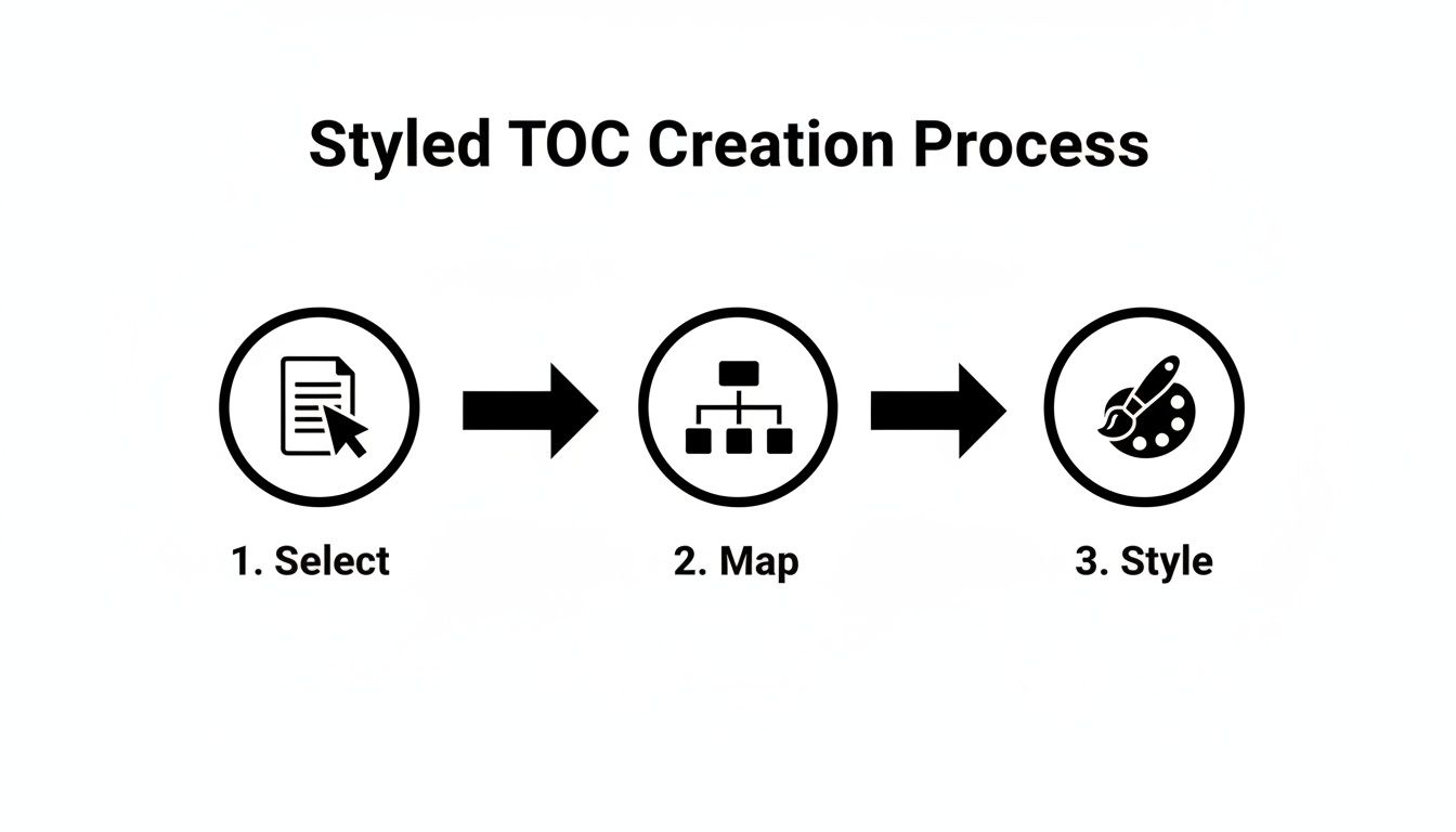 A three-step process shows how to create a styled table of contents: select, map, and style.