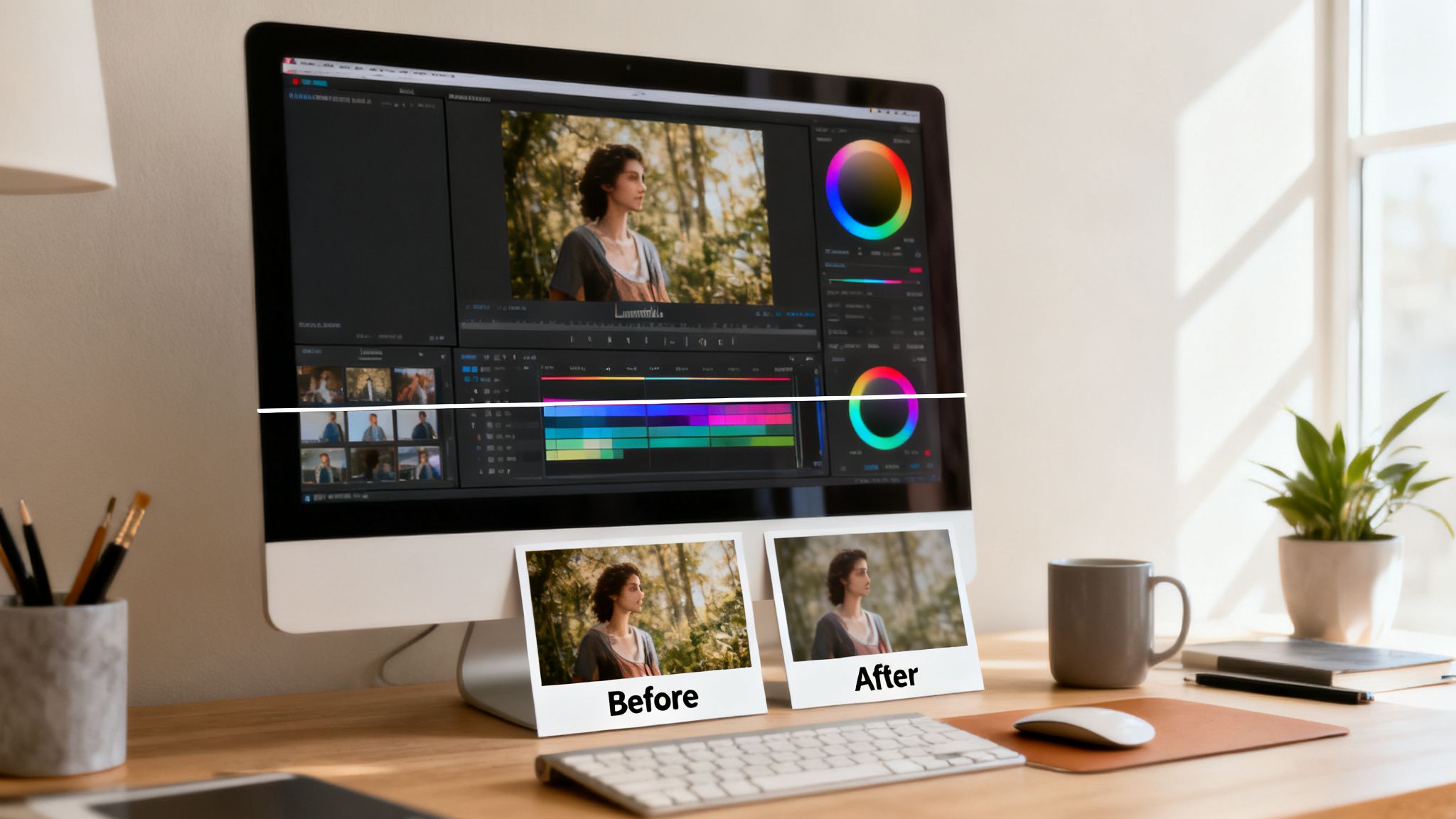 A desktop computer displays video editing software showing color grading and timeline with before-after photos.