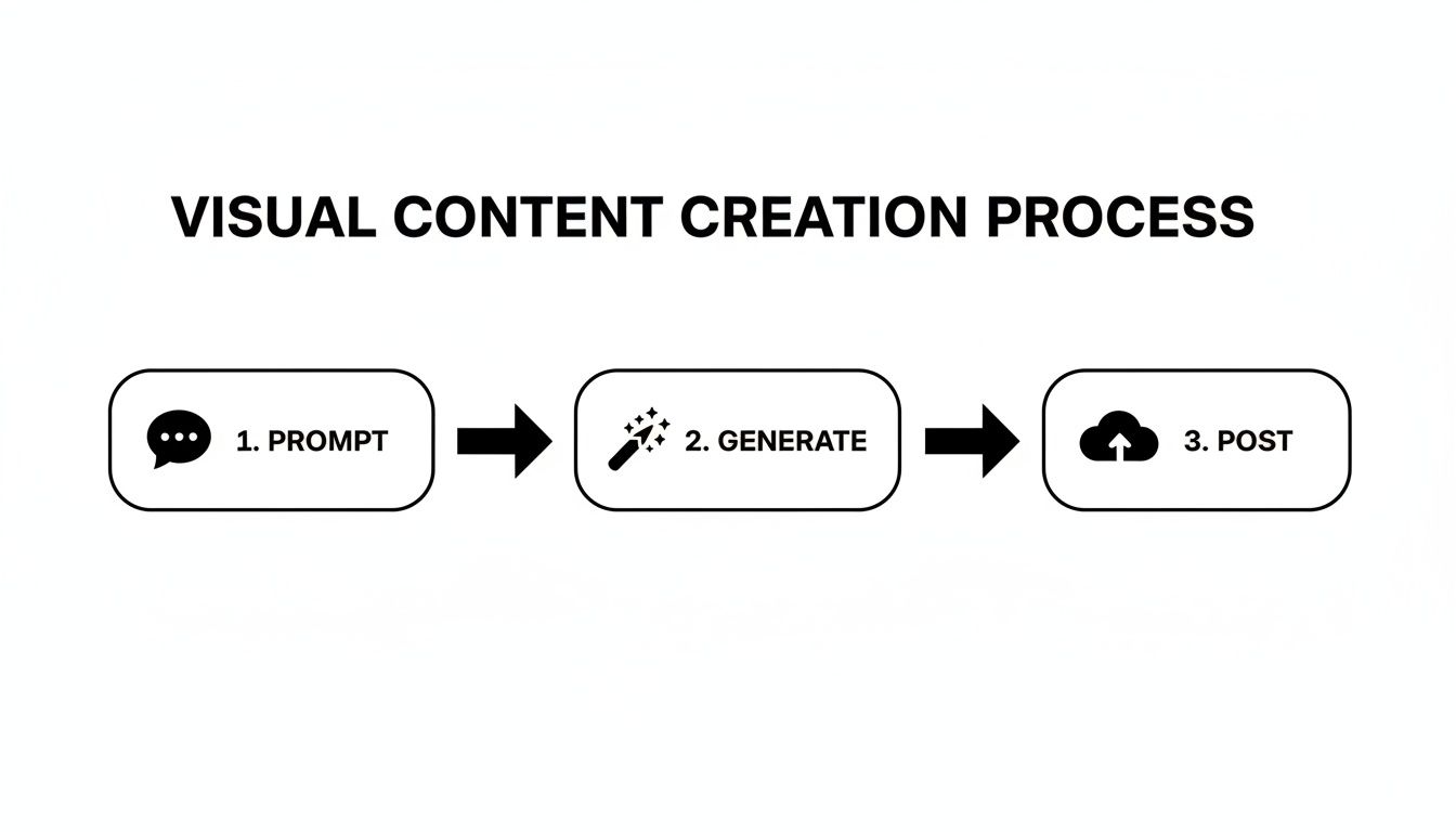 A diagram illustrates a three-step visual content creation process: Prompt, Generate, and Post.
