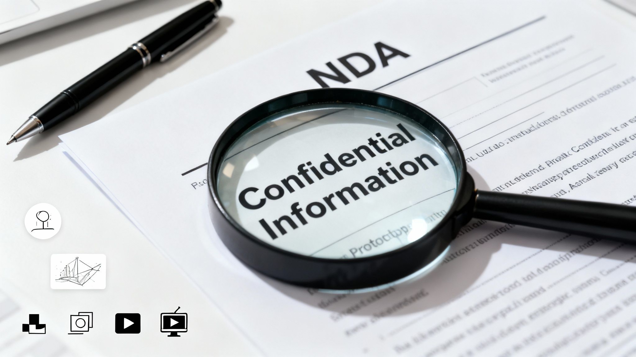 A magnifying glass highlights 'Confidential Information' on an NDA document, with a pen visible.