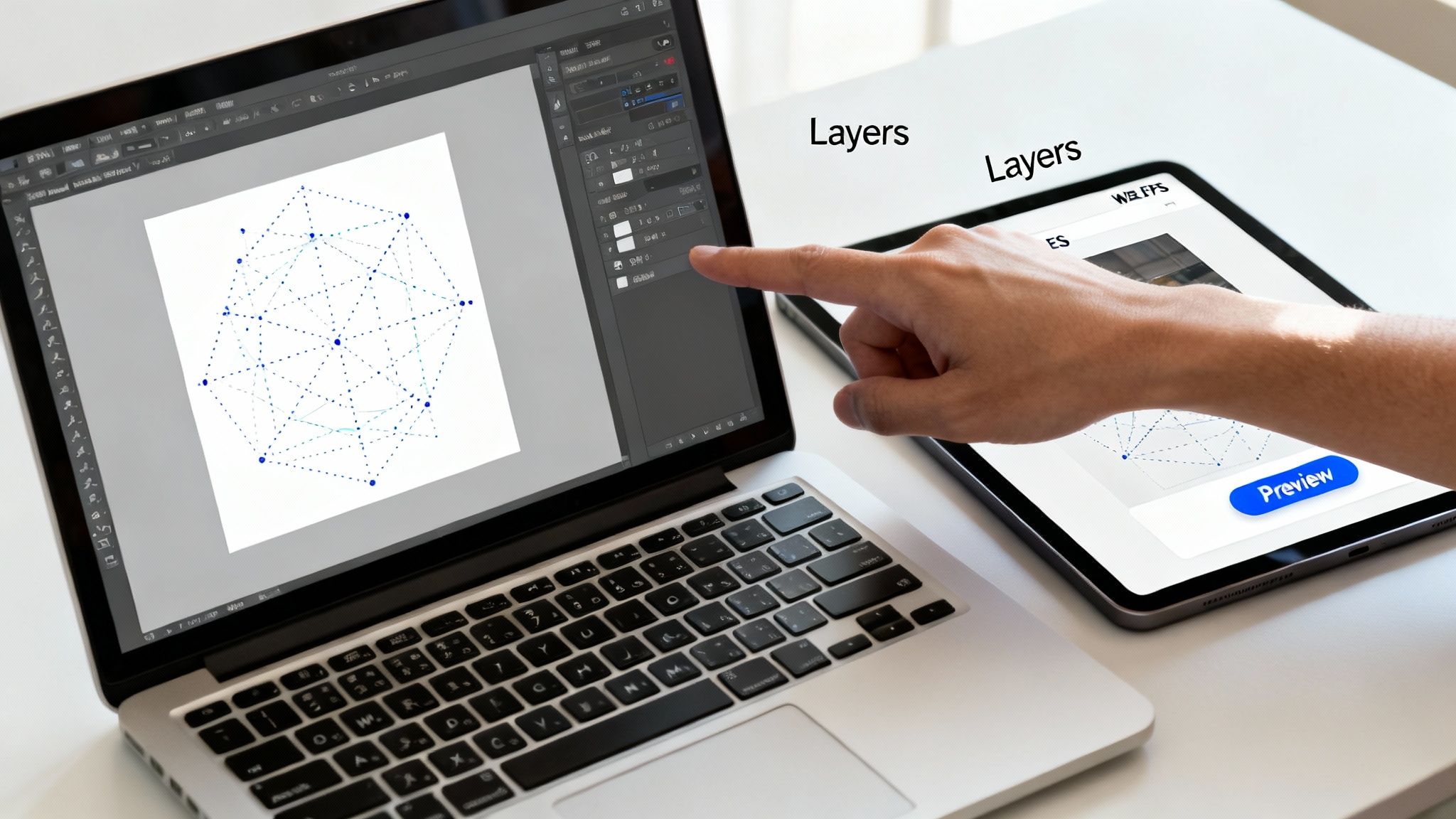 A designer works on a laptop displaying a geometric pattern, using a tablet for live preview.