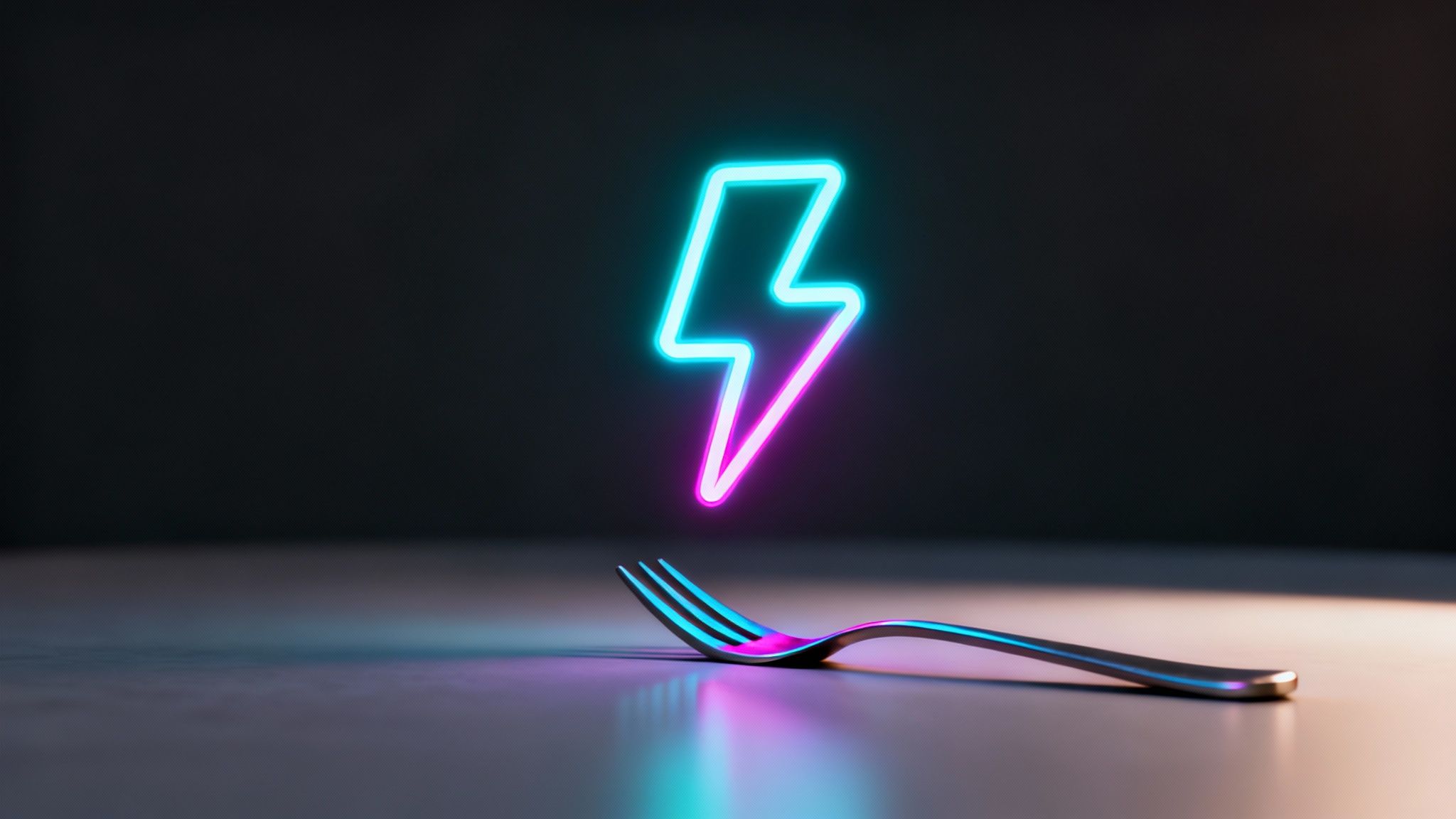 A vibrant neon lightning bolt, half blue and half pink, hovers over a sleek fork.