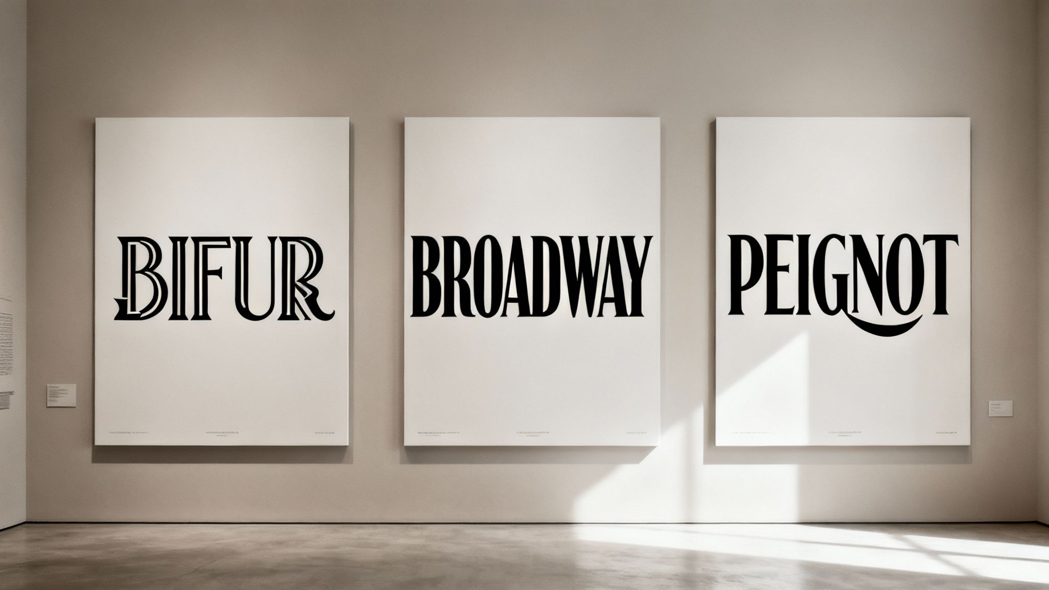 Three white posters displaying iconic Art Deco typography examples: Bifur, Broadway, and Peignot fonts.
