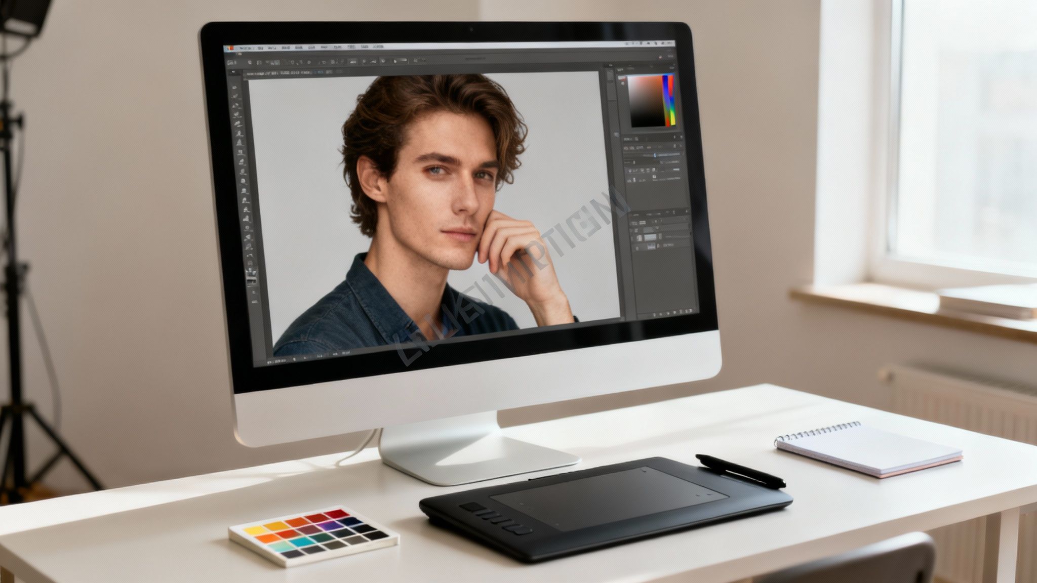 A computer monitor displays a retouched portrait of a man in Photoshop, with a graphics tablet and color palette on the desk.