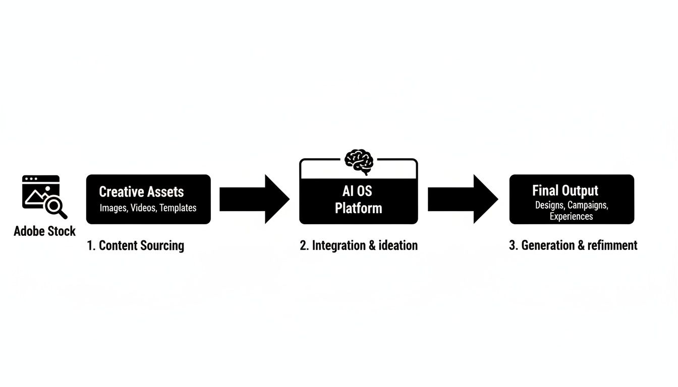 Workflow illustrating creative content sourcing from Adobe Stock to an AI OS platform for final output generation.