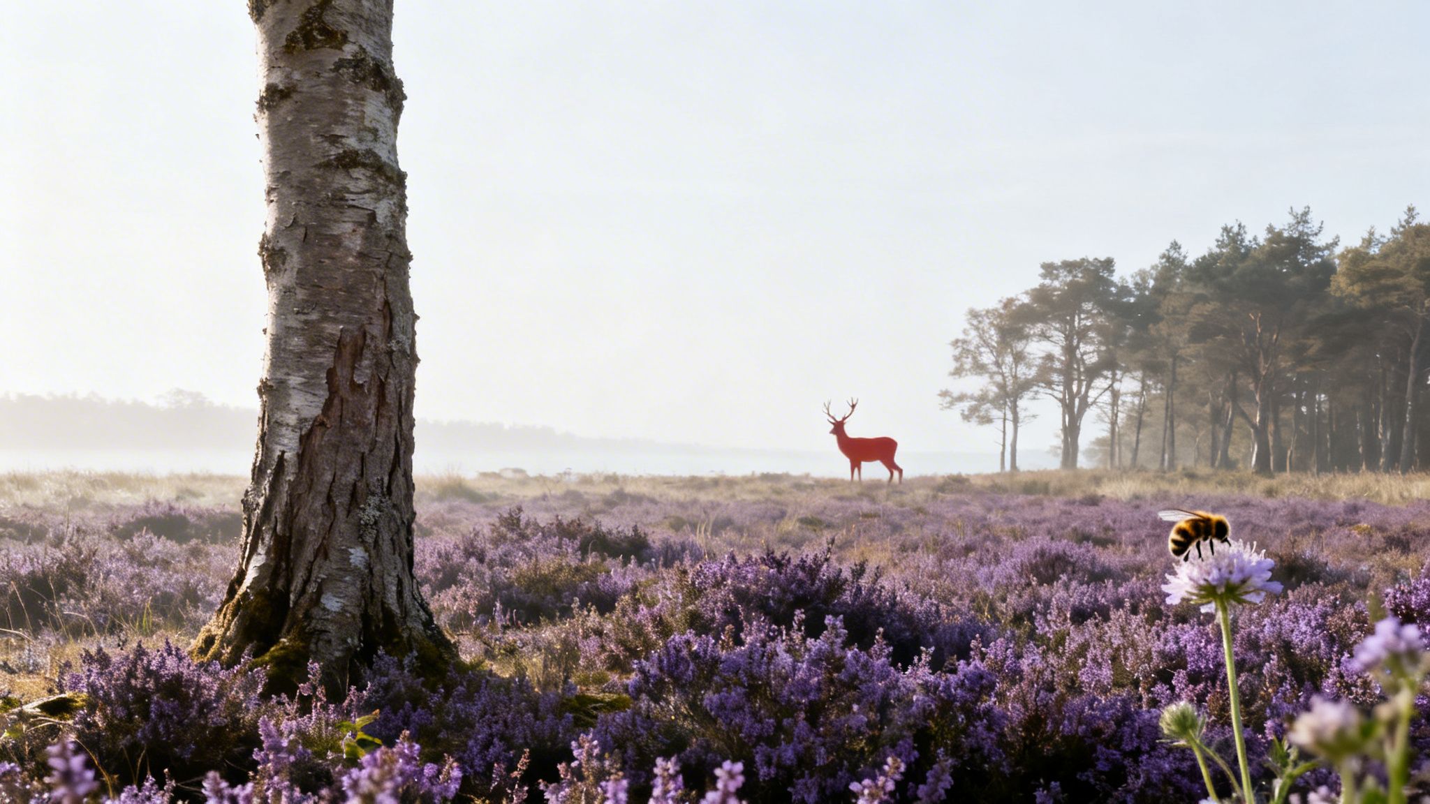 A misty field of vibrant purple heather with a tree, a red deer, and a bee on a flower.