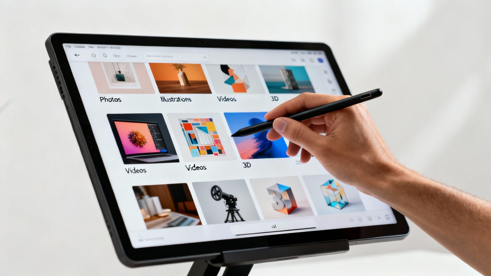A hand uses a black stylus on a tablet screen showing categories like Photos, Illustrations, Videos, and 3D.