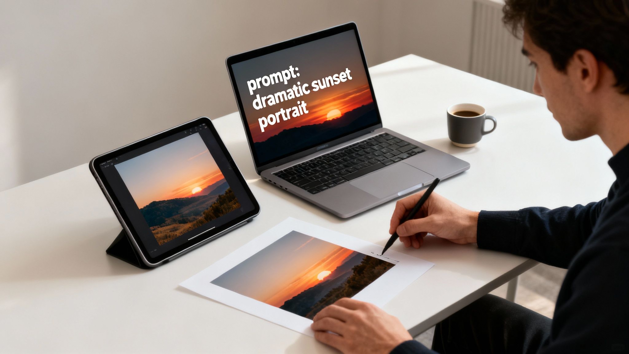 A person works on a digital art image of a dramatic sunset across a laptop, tablet, and print.