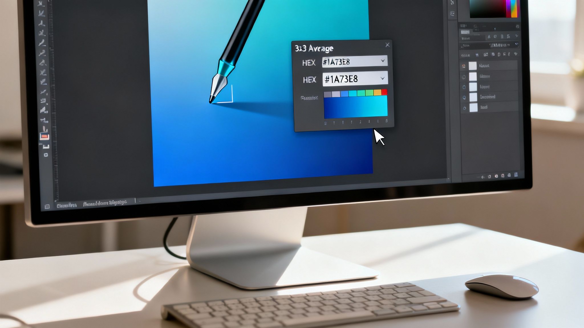 A graphic designer uses a color picker tool on a computer screen to identify a blue HEX code.